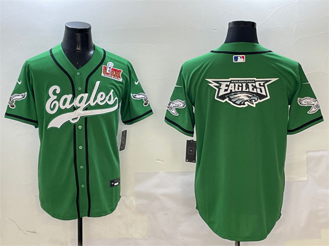 Men's Philadelphia Eagles Team Big Logo Green 2025 Super Bowl LIX Patch Stitched Baseball Jersey Men's Philadelphia Eagles Team Big Logo Green 2025 Super Bowl LIX Patch Stitched Baseball Jersey